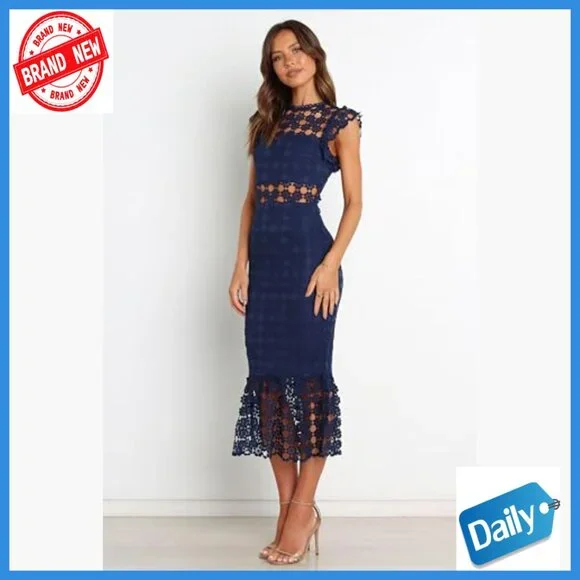 Midi Cocktail Dress Lace Overlay Bodycon Formal Evening Gown